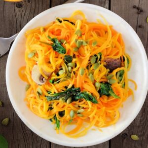 Butternut Squash Spiralized Noodles with Spinach and Pumpkin Seeds, Seasonal Mushrooms, and Homemade Pesto Sauce