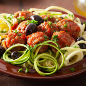 Zoodles with Beef Meatballs, Olives, and House Marinara